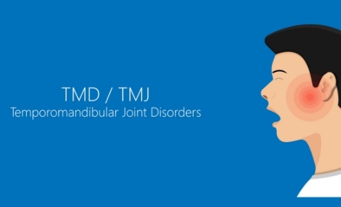 Animated facial profile with red circle indicating T M J diagnosis