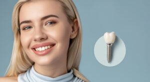 Smiling young woman next to dental implant illustration