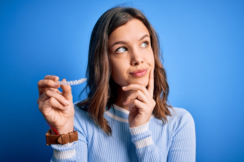 Patient pondering their Invisalign aligner